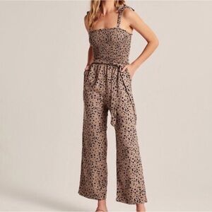 Abercrombie & Fitch Brown Leopard Print Smocked Jumpsuit